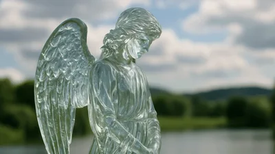 Clear Glass Angel Statue Standing Outdoors