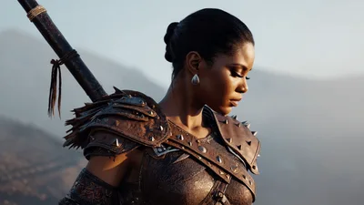 Female Warrior Looking Around In A Desert Landscape