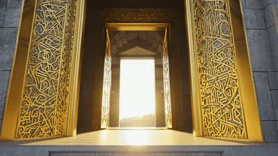 Ornate Golden Doors Opening To Bright Sunlight