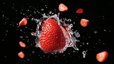 Fresh Strawberry Splashing In Clear Water On Black Background