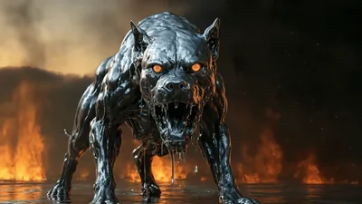 Metallic Hellhound Growling In Front Of Fire