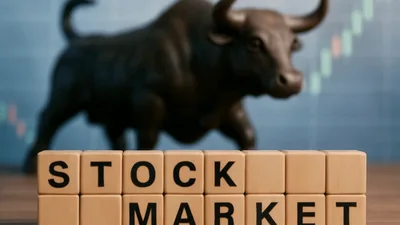 Wooden Blocks Spelling Stock Market With Bull Statue