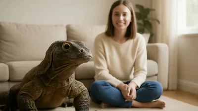 Young Woman Sitting With A Komodo Dragon Indoors