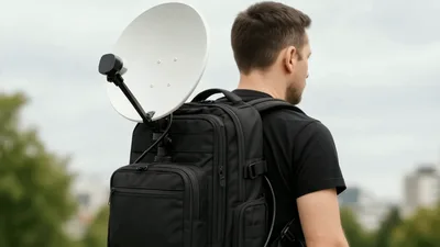 Man Wearing Portable Satellite Dish Backpack Outdoors