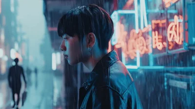Young Man Standing In Rain Under Neon Lights