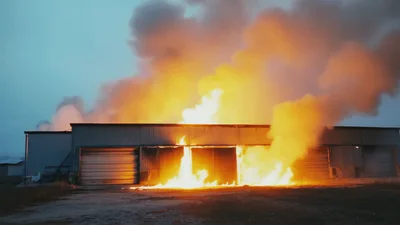 Large Industrial Warehouse Engulfed In Intense Fire