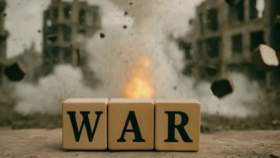 Wooden Blocks Spelling War Exploding In Ruined City