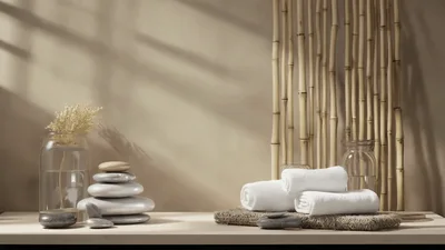 Spa Setting With Rolled Towels And Zen Stones