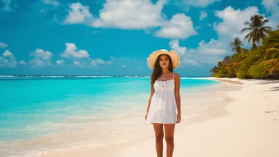 Young Woman Standing On Tropical Beach In White Dress