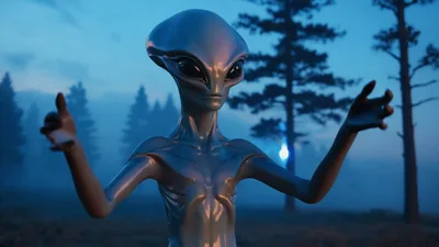 Metallic Alien Standing In Misty Forest Raising Hands