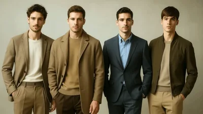 Four Stylish Men Standing Together In Studio