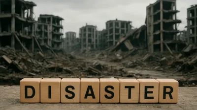 Wooden Blocks Spelling Disaster In Front Of Ruined Buildings
