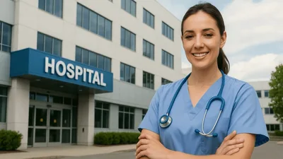 Female Nurse Standing Outside Hospital Building