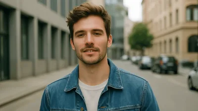 Young Man Smiling And Looking At Camera On Street