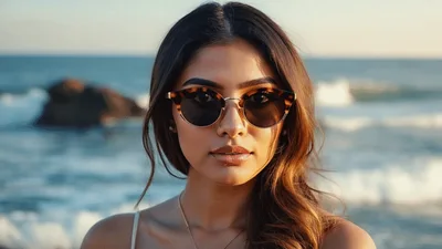 Young Woman Wearing Sunglasses Standing On Beach