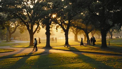 People Walking Through A Sunny Park At Sunrise