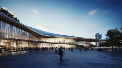 Modern Architectural Building Exterior With People Walking At Dusk