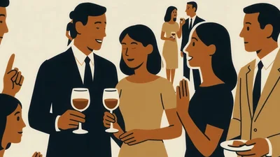 People Socializing at a Formal Cocktail Party Illustration