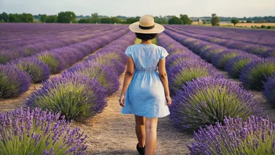 Woman Walking Through A Beautiful Lavender Field
