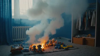 Fire Burning Among Toys In A Child Bedroom