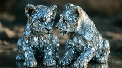 Two Mirrored Lion Cub Sculptures Interacting Outdoors