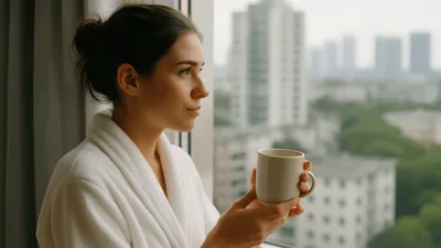Young Woman Drinking Coffee By The Window