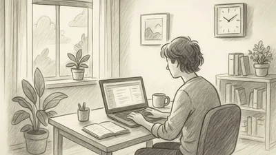 Young Man Working On Laptop In Pencil Sketch Style