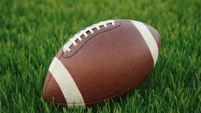 American Football Resting On Green Grass Field