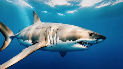 Great White Shark Swimming Underwater in Deep Blue Ocean