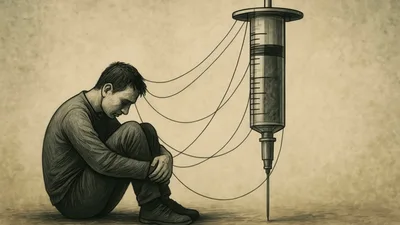 Depressed Man Connected To Large Syringe Illustration