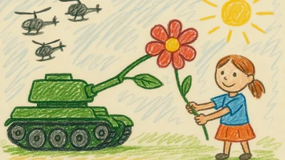 Child Drawing Of A Tank And Flower