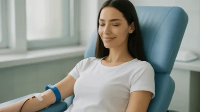 Young Woman Donating Blood In A Medical Clinic