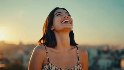 Happy Young Woman Laughing Outdoors At Sunset