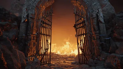 Open Iron Gates Leading To A Fiery Hellscape