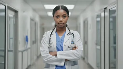 Young Female Doctor Standing In Hospital Corridor