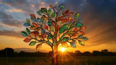 Stained Glass Tree Silhouette Against Golden Sunset