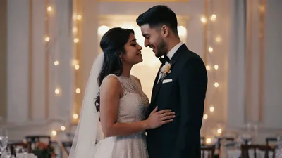 Newlywed Couple Embracing In A Romantic Wedding Reception Hall