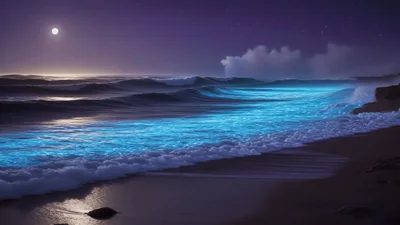 Bioluminescent Waves Crashing On A Sandy Beach At Night