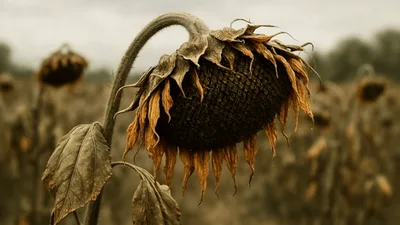 Withered Sunflower Head Drooping In A Dry Field