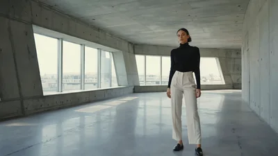 Elegant Woman Standing In Modern Concrete Office Space