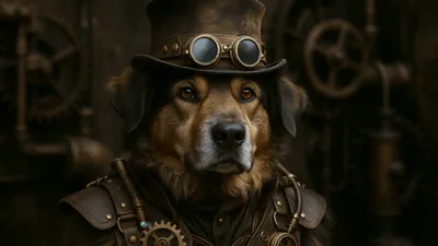 Steampunk Dog Wearing Top Hat And Goggles