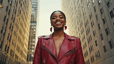 Confident Woman Smiling In A Red Leather Jacket