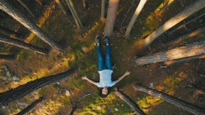 Young Man Lying On Forest Floor Aerial View