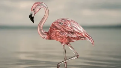 Glass Flamingo Sculpture Standing In Calm Water