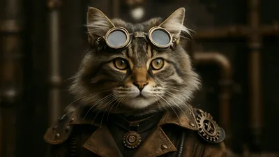 Steampunk Cat Wearing Goggles And Leather Jacket