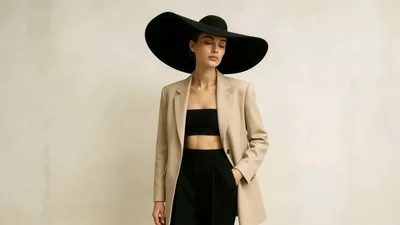 Fashionable Woman Posing In Wide Brim Hat And Blazer