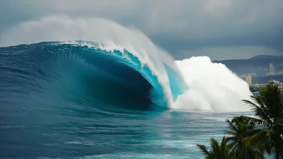 Massive Tsunami Wave Crashing Near Coastal City