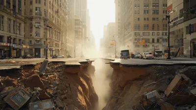 Massive City Street Sinkhole With Rising Smoke