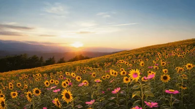 Sunflowers Blooming On A Hillside At Sunset