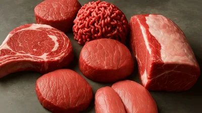 Assorted Raw Beef Cuts Arranged On Dark Surface